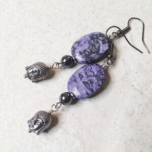 Gunmetal Black Buddha Dangle Earrings! Purple & Grey Crazy Lace Agate + Hematite